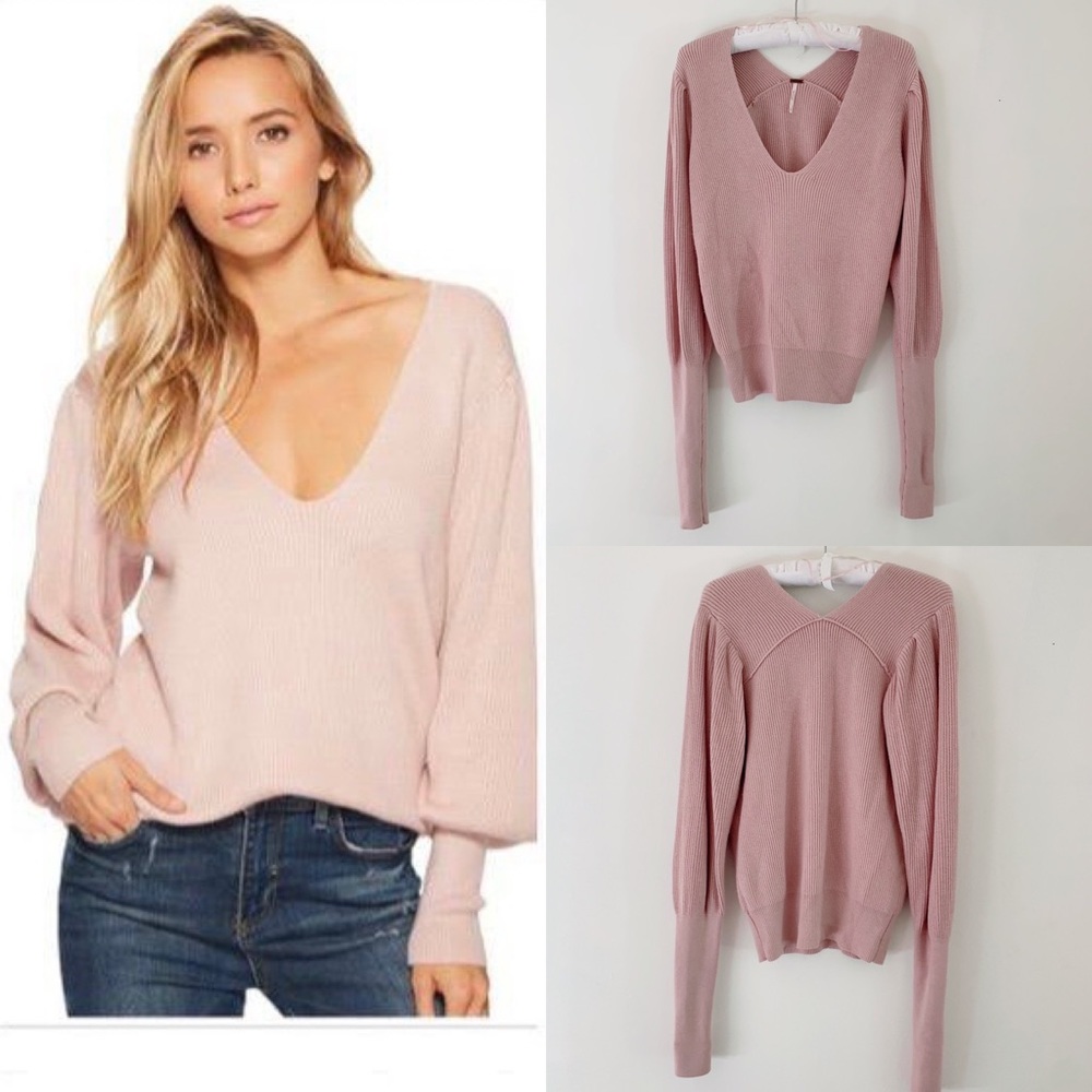Free People Soft Pink Puff Sleeve Sweater Sz S